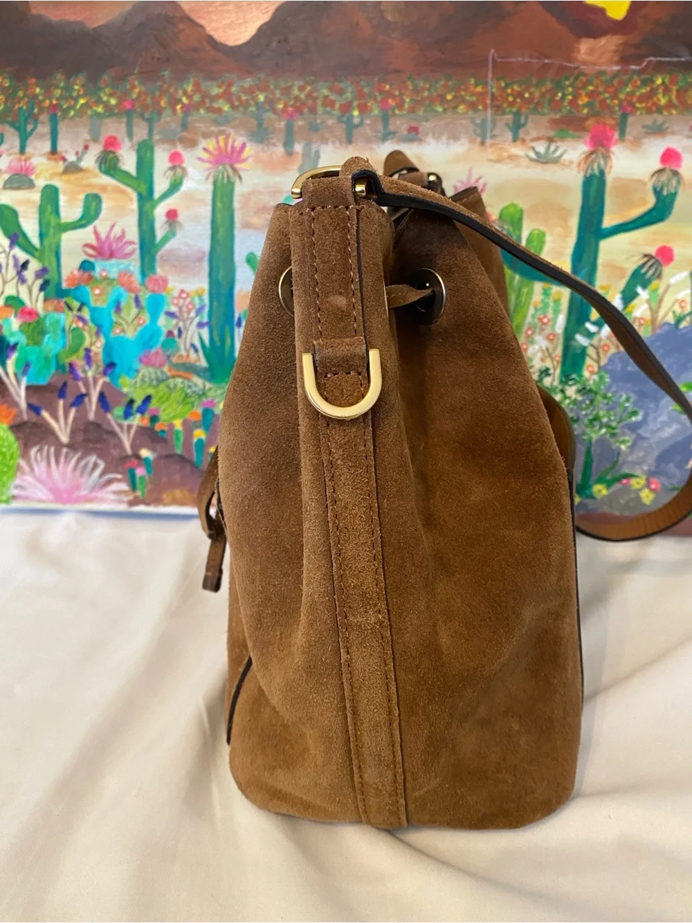Michael Kors Brown Suede Greenwich Drawstring Hobo Bucket Bag, Med
